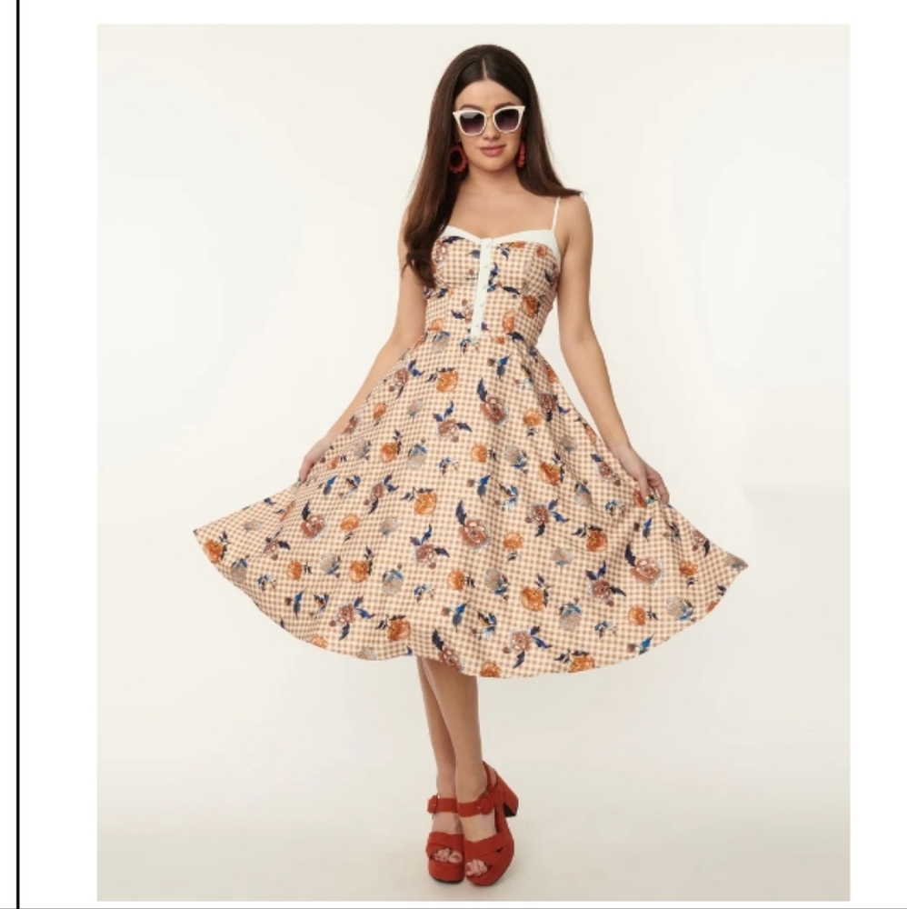 Unique Vintage 1950's Rust Gingham & Floral Swing Dress Xl/14
